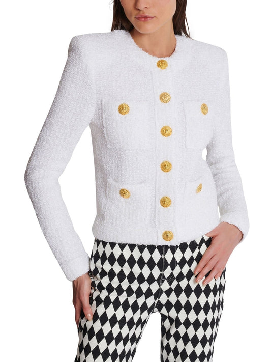 Buttoned Tweed 4-Pocket Cardigan Jacket in White with Matching Mini Skirt - Branna Couture