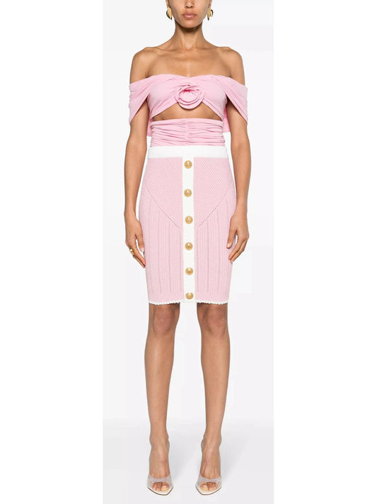 Buttoned Two-Toned Knit Skirt in Pink and White - Branna Couture