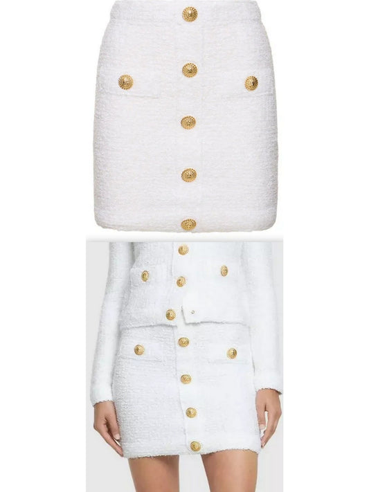 Buttoned White Tweed Mini Skirt - Branna Couture