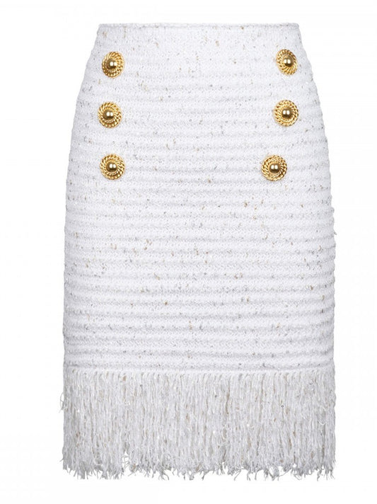 Buttoned Fringed Tweed Mini Skirt - Branna Couture