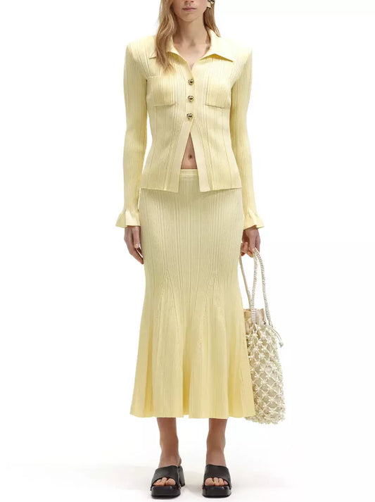 Buttoned Ribbed Knit Top and Midi Skirt Set in Yellow - Branna Couture