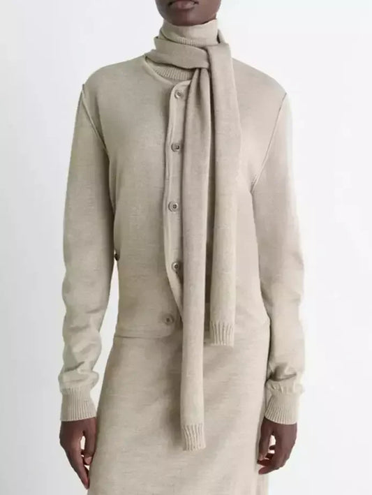 Buttoned Wool-Blend Cardigan with Scarf - Small / Oatmeal - Sweaters & Knitwear