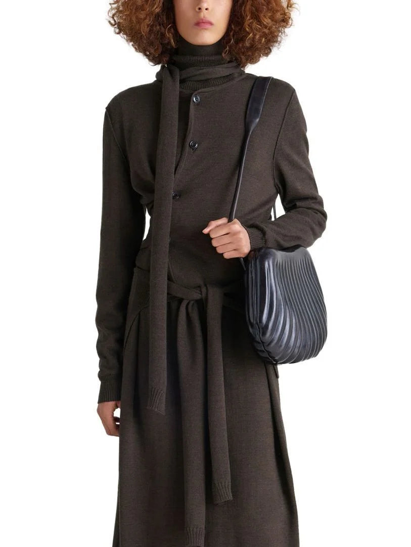 Buttoned Wool-Blend Cardigan with Scarf - Small / Brown - Sweaters & Knitwear