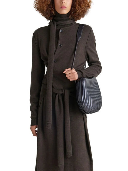 Buttoned Wool-Blend Cardigan with Scarf - Small / Brown - Sweaters & Knitwear