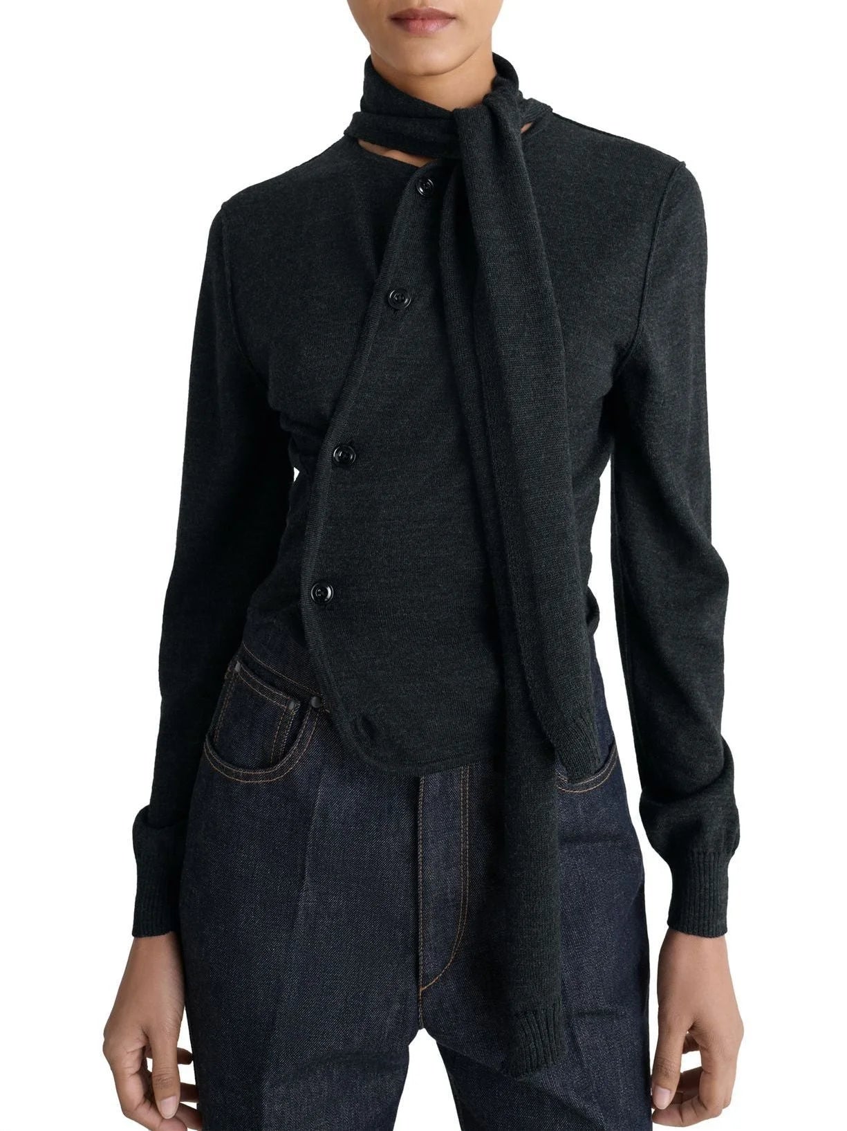 Buttoned Wool-Blend Cardigan with Scarf - Small / Dark Grey - Sweaters & Knitwear