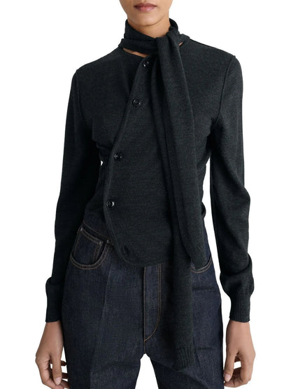 Buttoned Wool-Blend Cardigan with Scarf - Small / Dark Grey - Sweaters & Knitwear