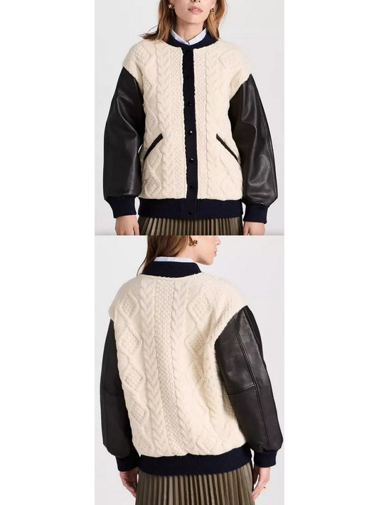 Cable-Knit Leather Paneled Jacket - Branna Couture