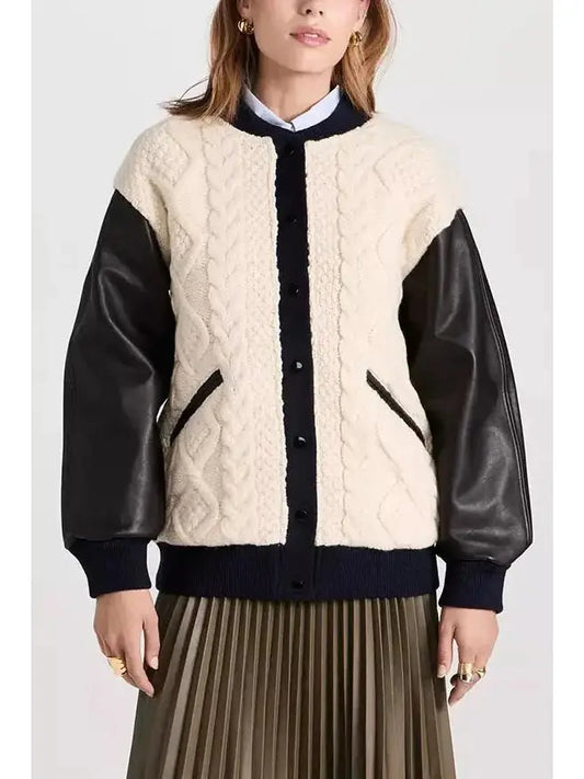 Cable-Knit Leather Paneled Jacket - Branna Couture