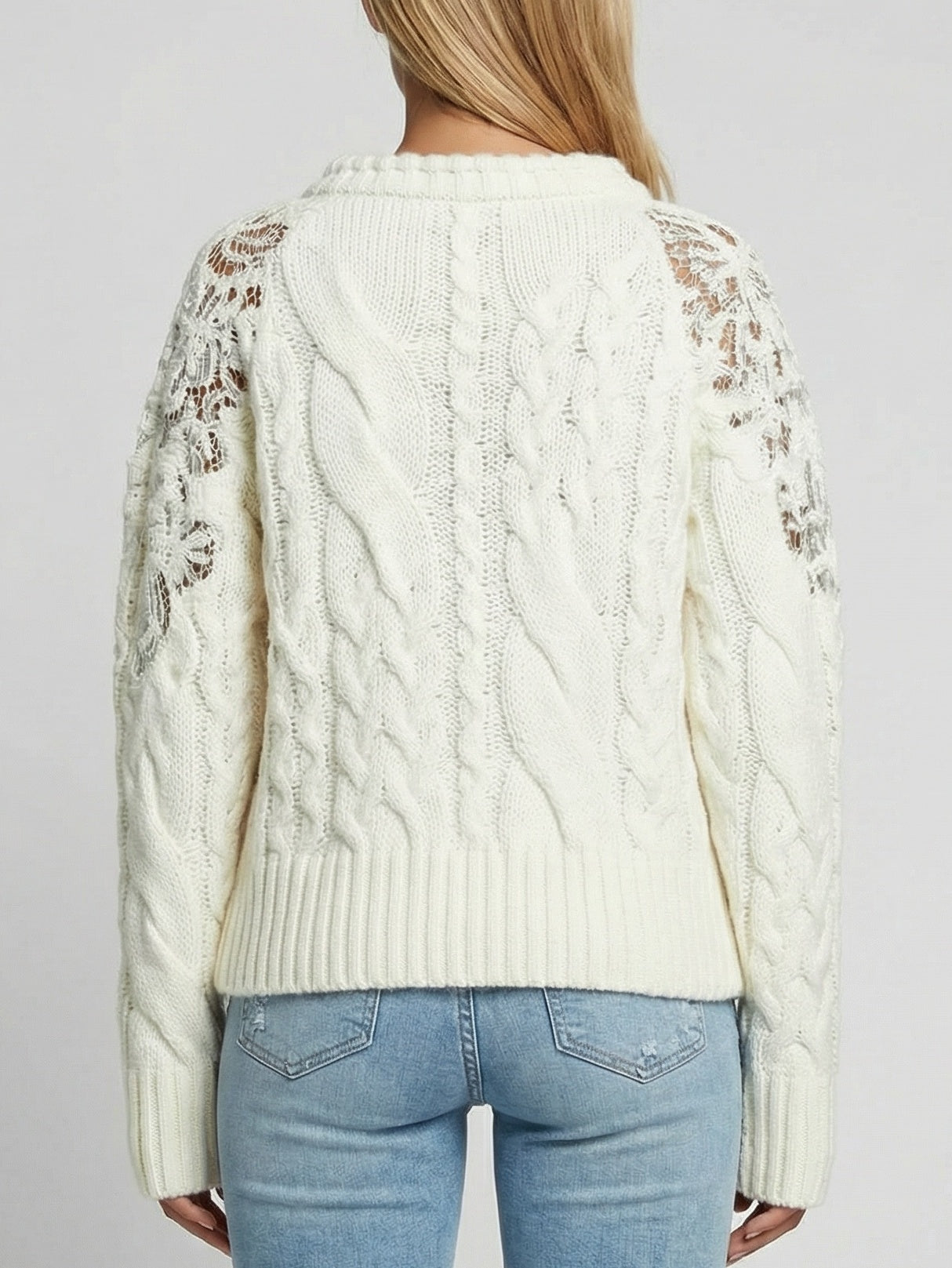 Cable-Knit Sweater with Lace-Detail Sleeves