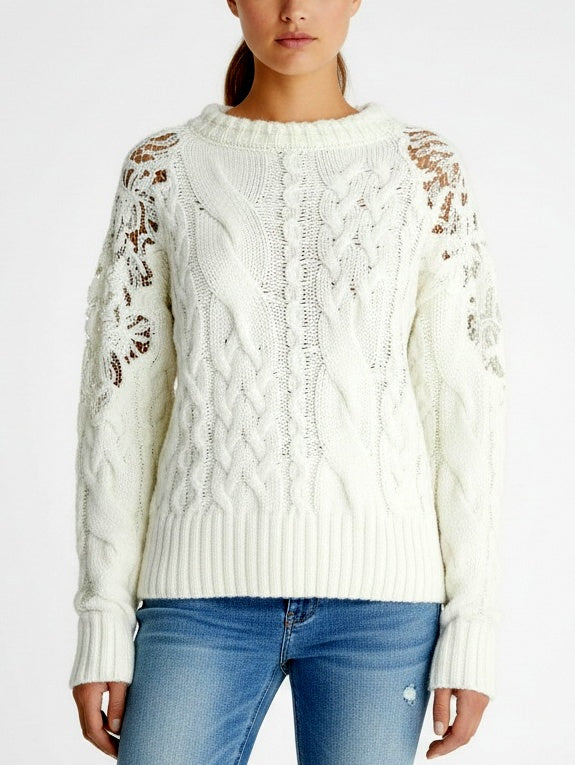 Cable-Knit Sweater with Lace-Detail Sleeves