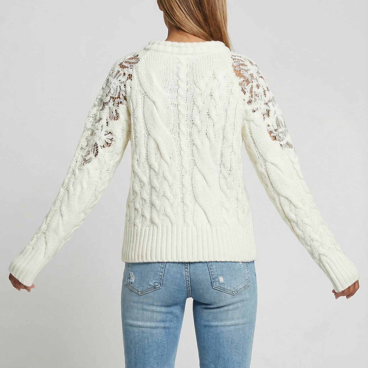 Cable-Knit Sweater with Lace-Detail Sleeves