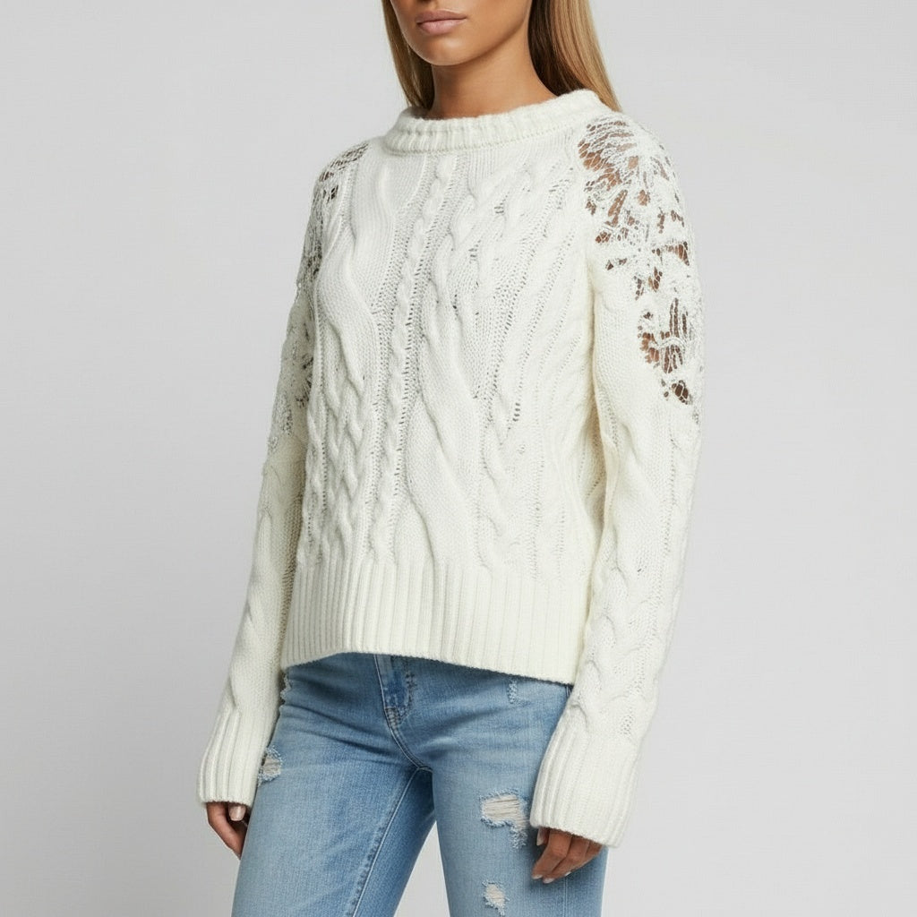 Cable-Knit Sweater with Lace-Detail Sleeves