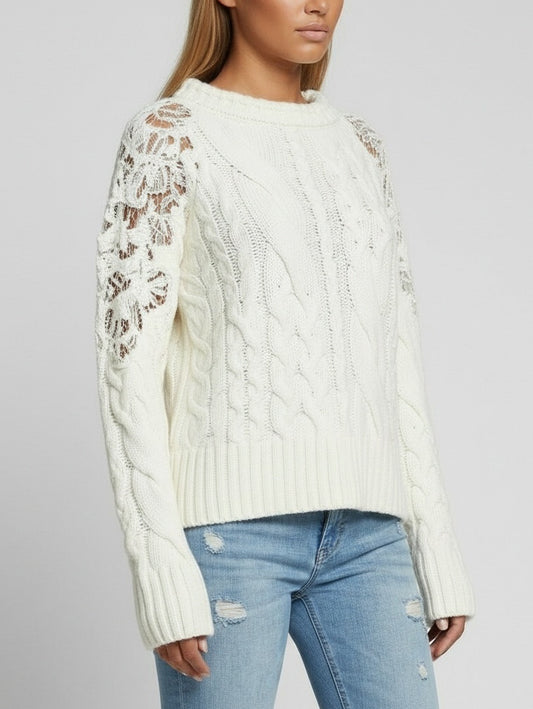 Cable-Knit Sweater with Lace-Detail Sleeves