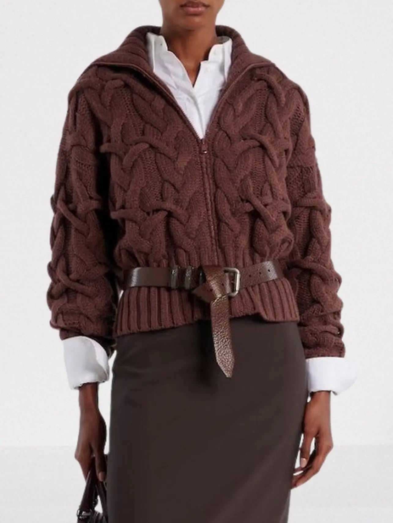 Cable-Knit Zip-Front Cardigan in Chocolate Brown - Sweaters & Knitwear
