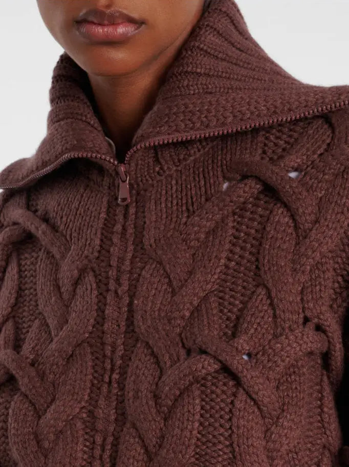 Cable-Knit Zip-Front Cardigan in Chocolate Brown - Sweaters & Knitwear