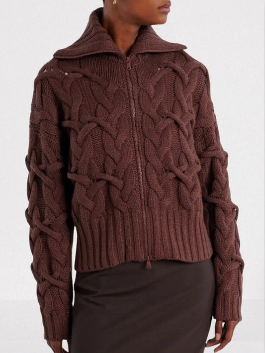 Cable-Knit Zip-Front Cardigan in Chocolate Brown - Small - Sweaters & Knitwear