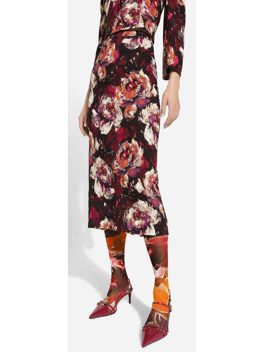 Cady Calf-Length Skirt with Peony Print - Branna Couture