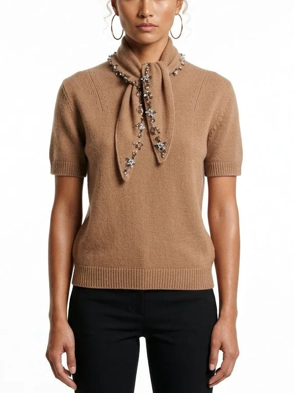 Camel Brown Cashmere Sweater with Crystal Tie Scarf - Small - Sweaters & Knitwear
