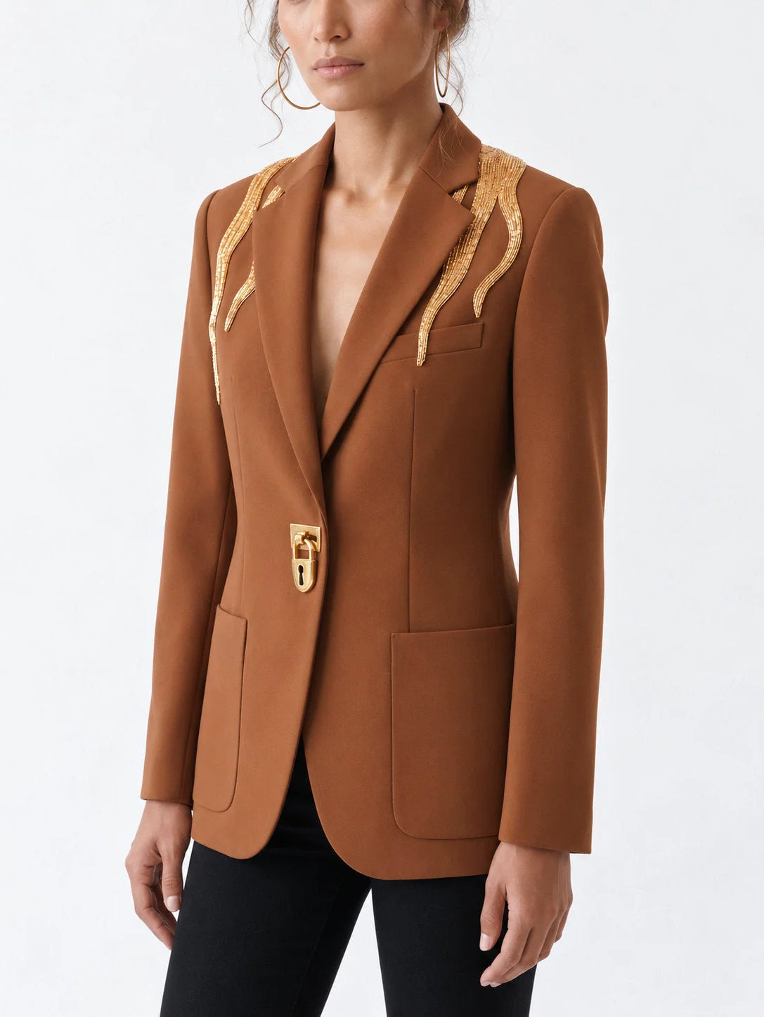 Camel Brown Blazer with Gold Beaded Embellishment - Jackets
