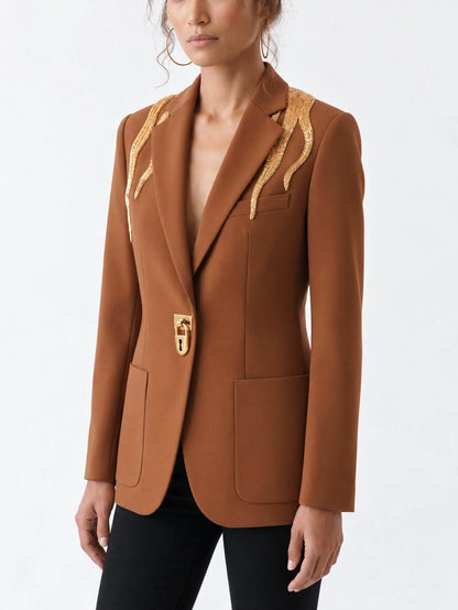 Camel Brown Blazer with Gold Beaded Embellishment - Jackets
