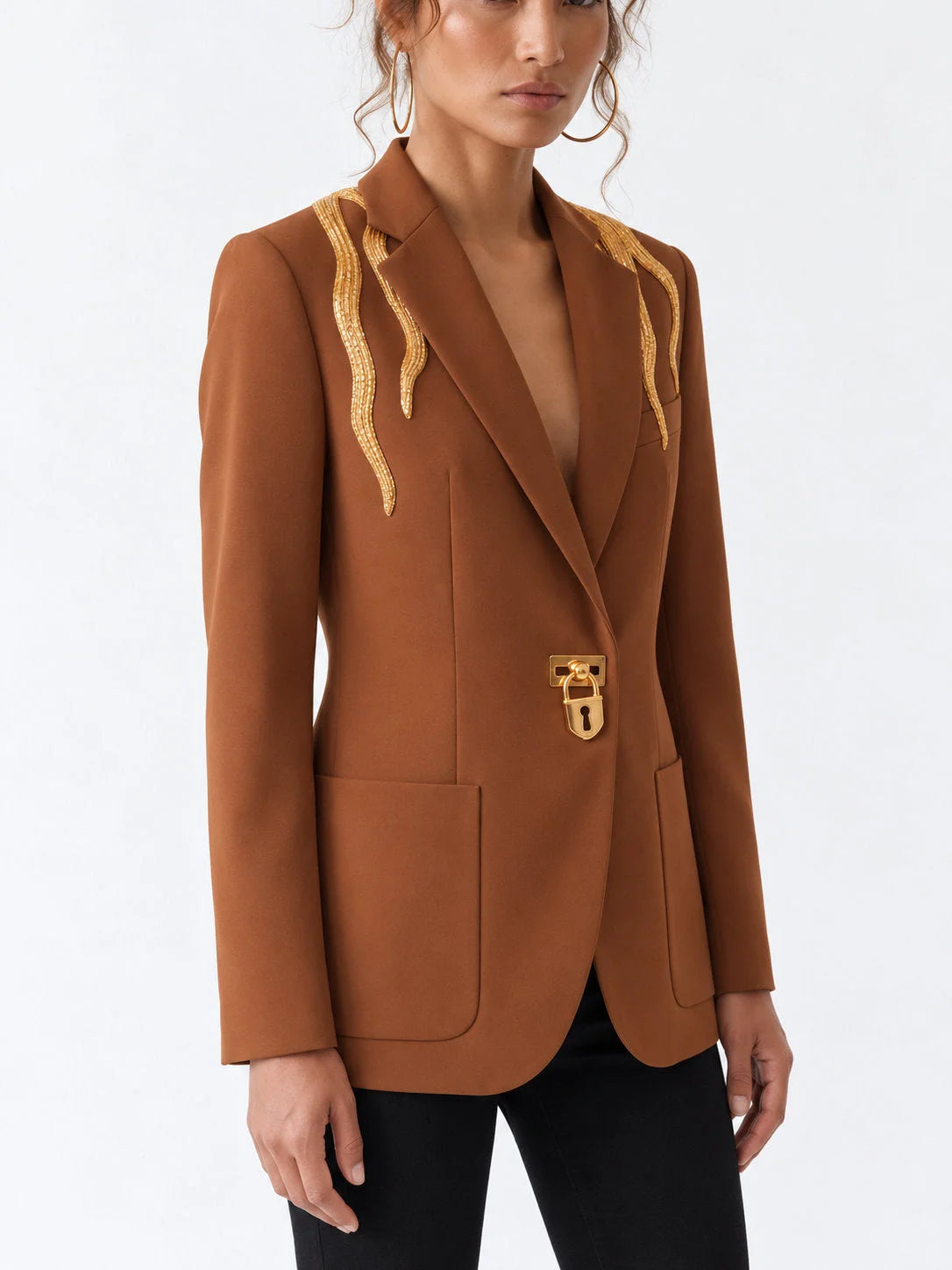 Camel Brown Blazer with Gold Beaded Embellishment - Jackets