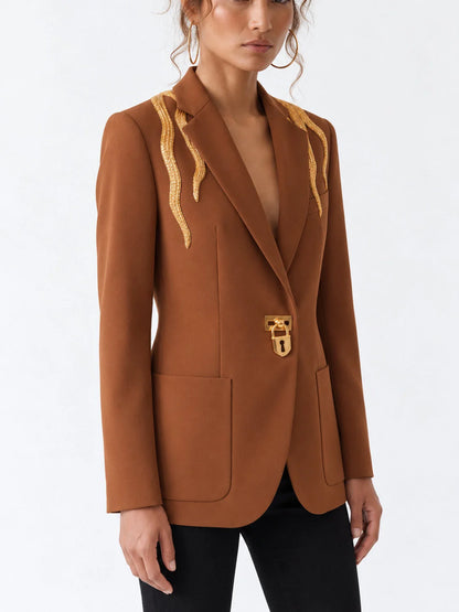 Camel Brown Blazer with Gold Beaded Embellishment - Jackets