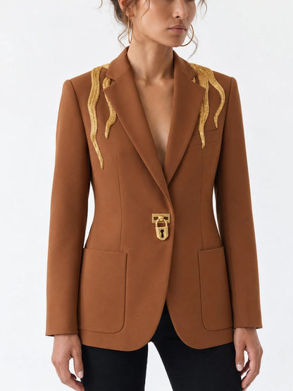 Camel Brown Blazer with Gold Beaded Embellishment - Jackets