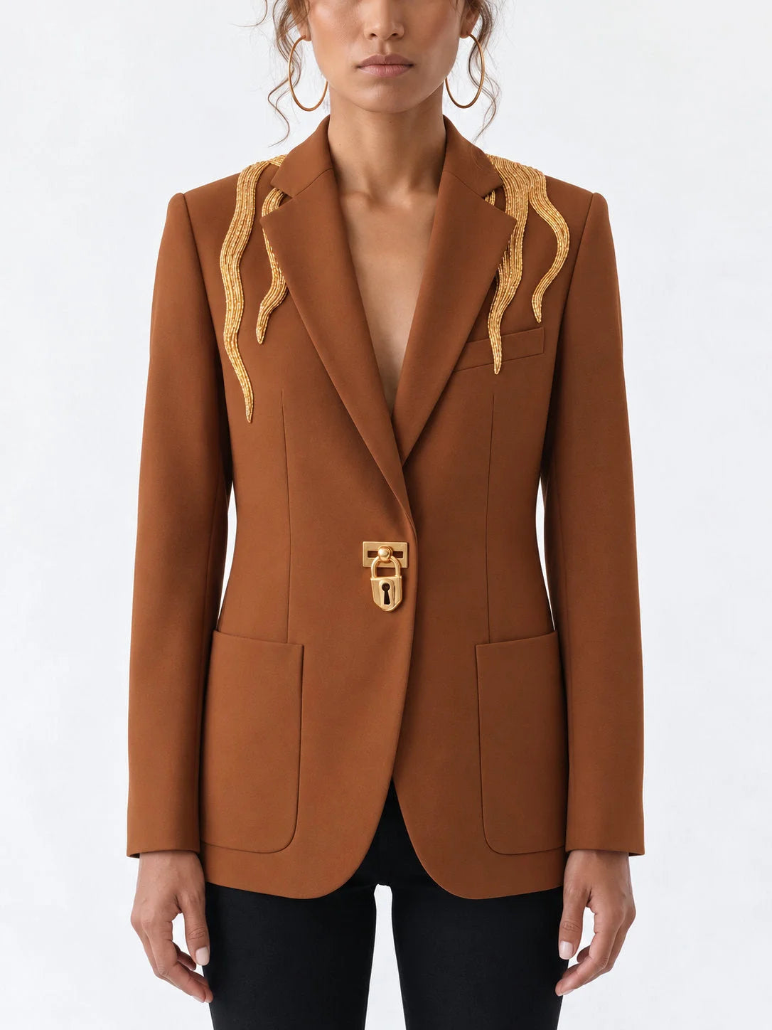 Camel Brown Blazer with Gold Beaded Embellishment - Jackets
