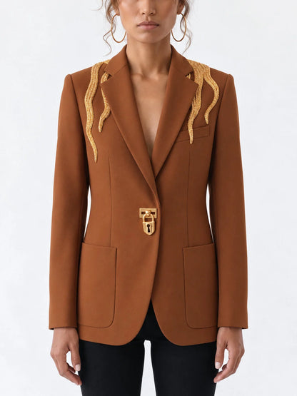 Camel Brown Blazer with Gold Beaded Embellishment - Jackets