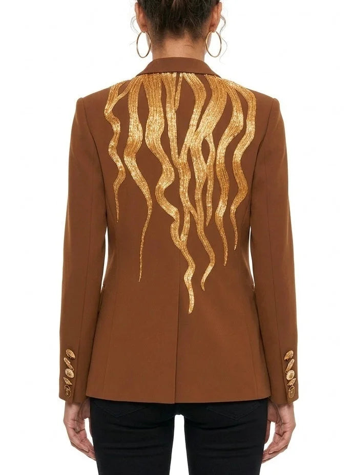 Camel Brown Blazer with Gold Beaded Embellishment - Jackets