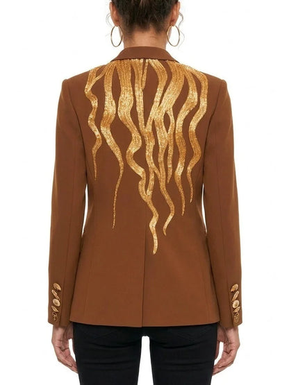 Camel Brown Blazer with Gold Beaded Embellishment - Jackets