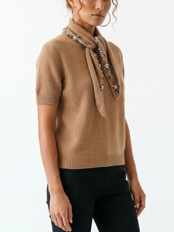 Camel Brown Cashmere Sweater with Crystal Tie Scarf - Sweaters & Knitwear