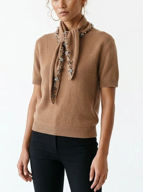 Camel Brown Cashmere Sweater with Crystal Tie Scarf - Sweaters & Knitwear