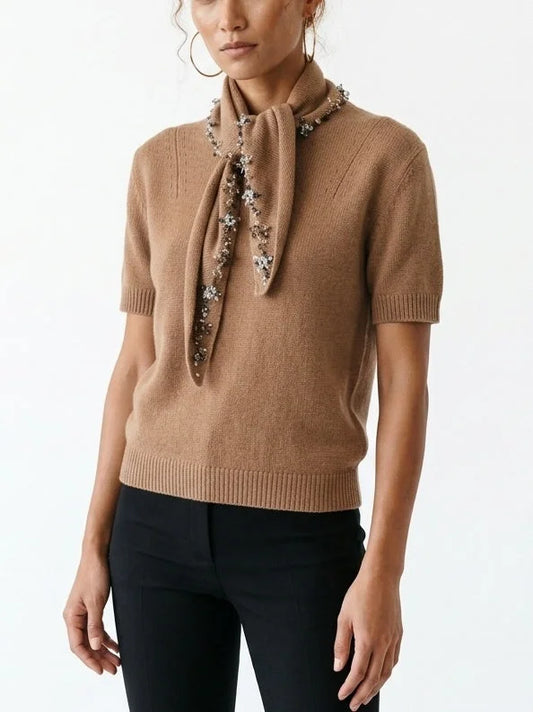 Camel Brown Cashmere Sweater with Crystal Tie Scarf - Sweaters & Knitwear