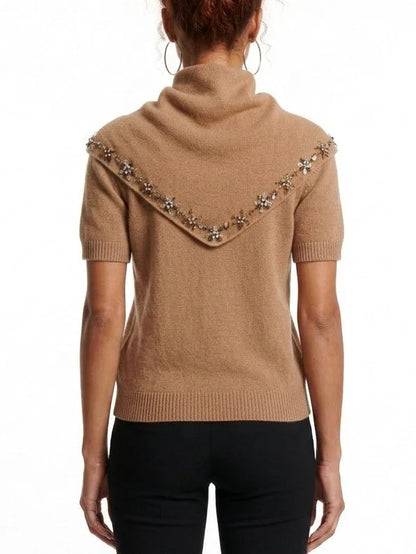 Camel Brown Cashmere Sweater with Crystal Tie Scarf - Sweaters & Knitwear
