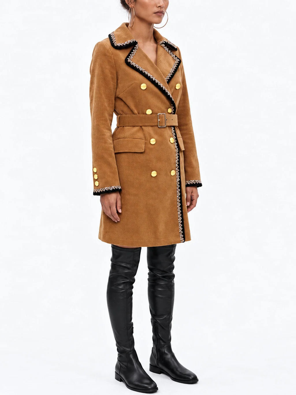 Camel Double Breasted Corduroy Coat with Braided Trim - Coats