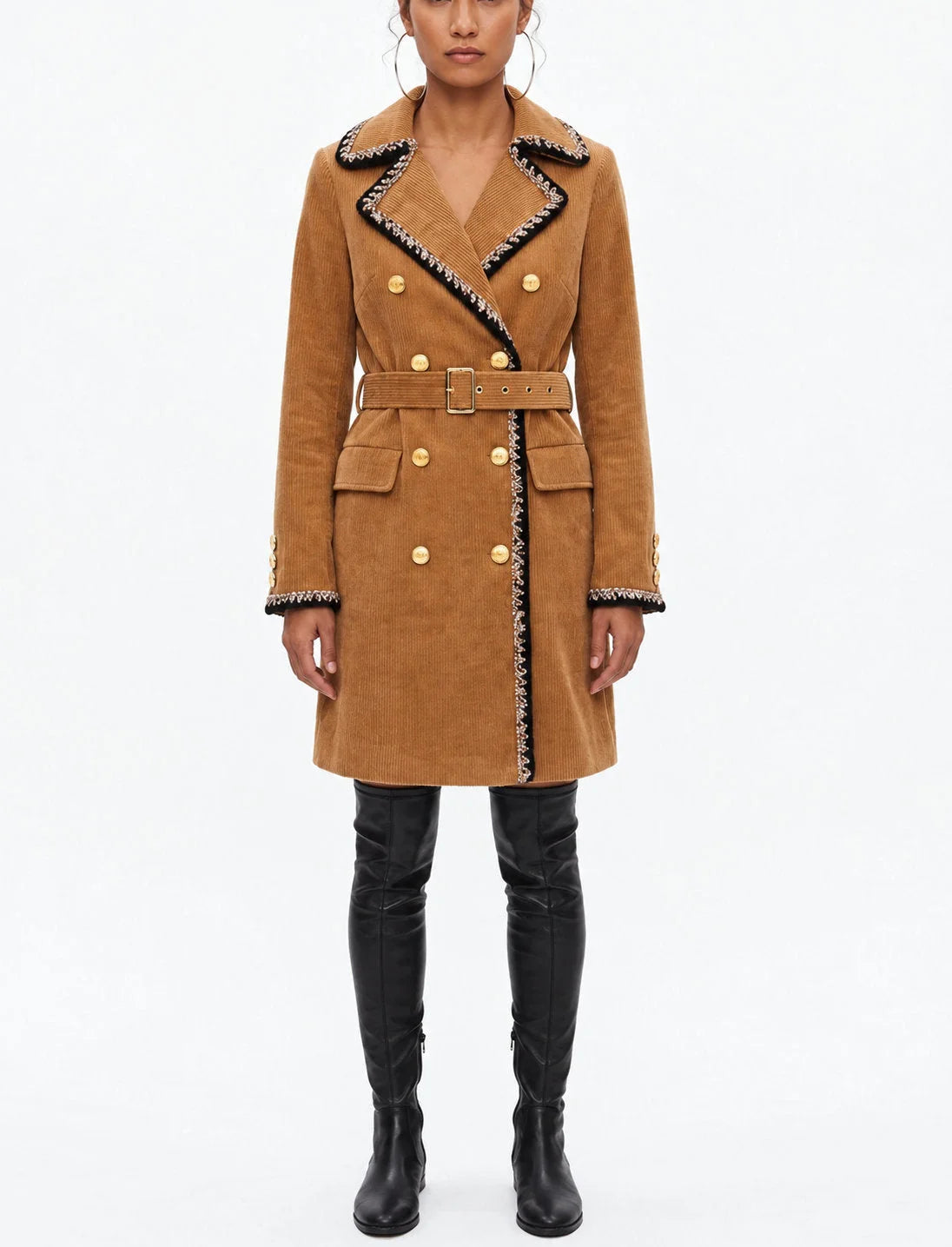 Camel Double Breasted Corduroy Coat with Braided Trim - Coats