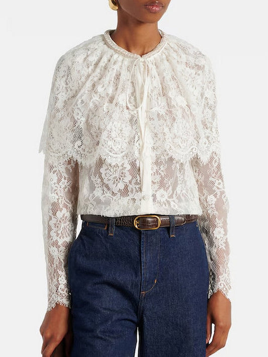 Cape-Effect White Lace Blouse - Small - Tops