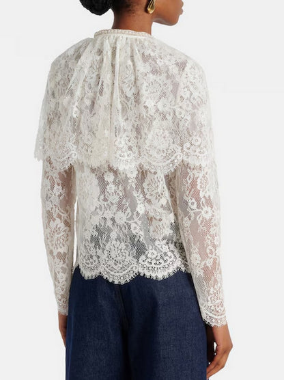 Cape-Effect White Lace Blouse - Tops