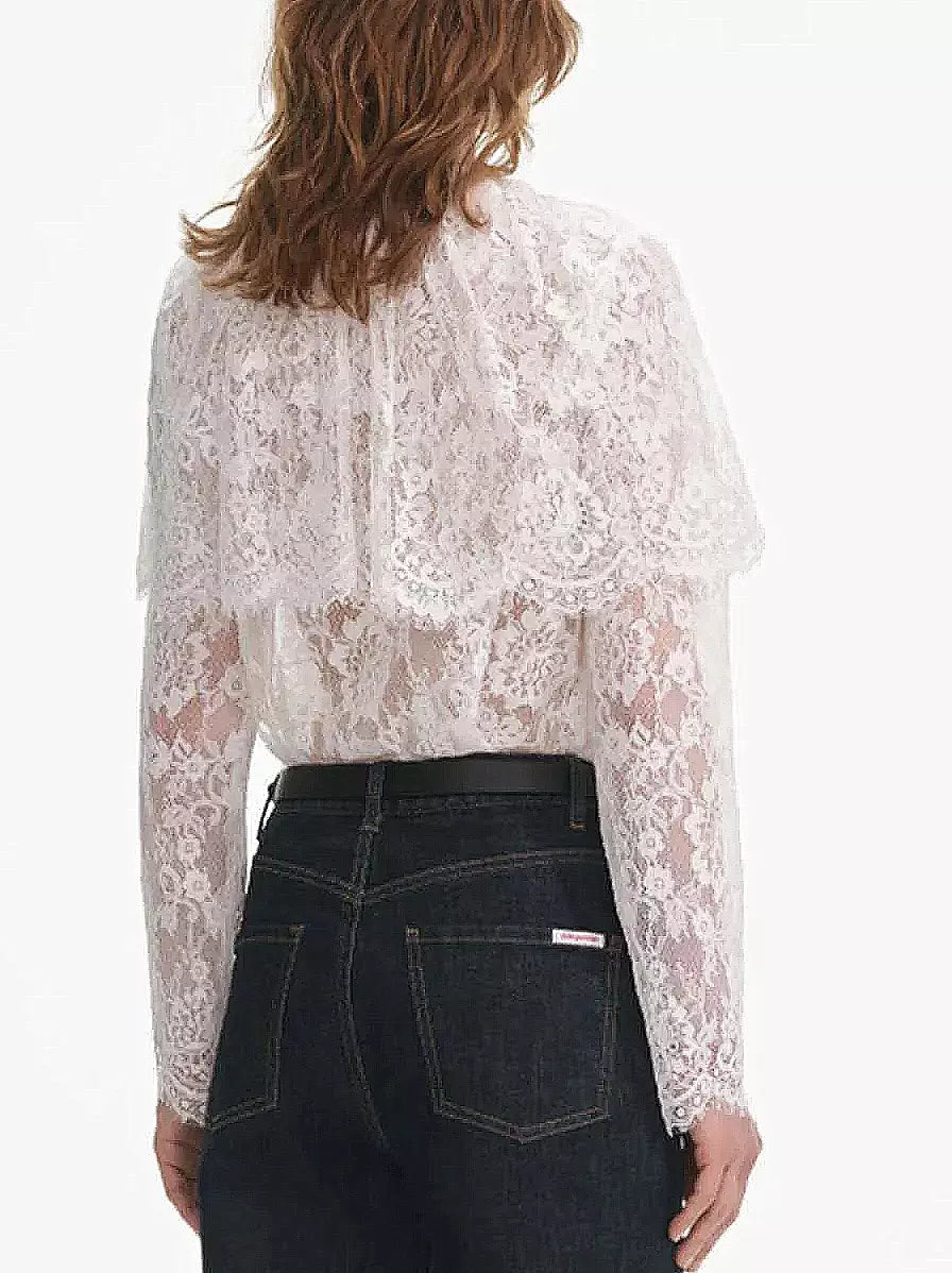 Cape-Effect White Lace Blouse - Tops