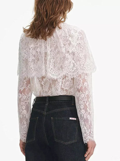 Cape-Effect White Lace Blouse - Tops