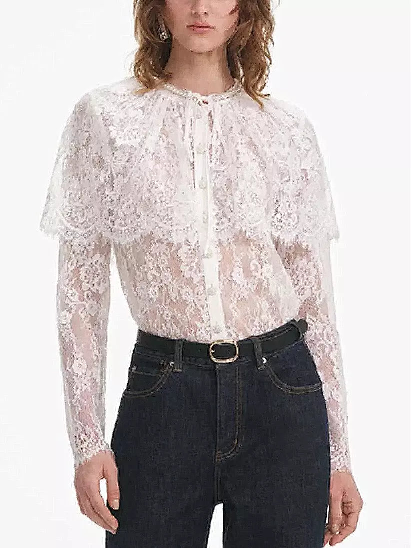 Cape-Effect White Lace Blouse - Tops