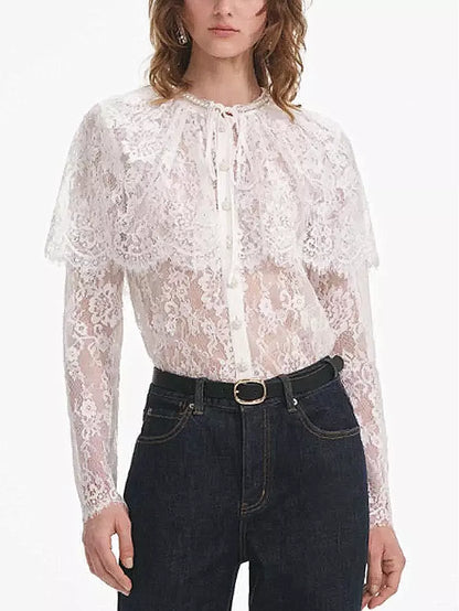 Cape-Effect White Lace Blouse - Tops