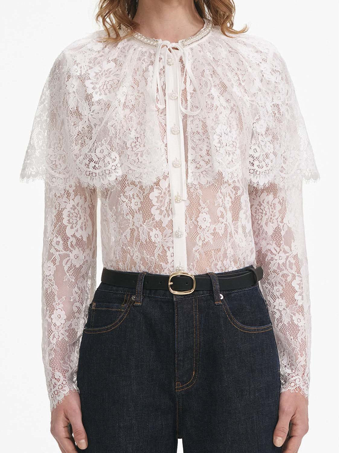 Cape-Effect White Lace Blouse - Tops