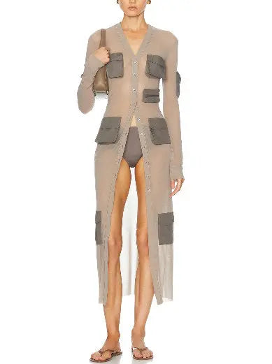 Cargo-Pocket Long Sheer Cardigan Dress in Gray - Branna Couture