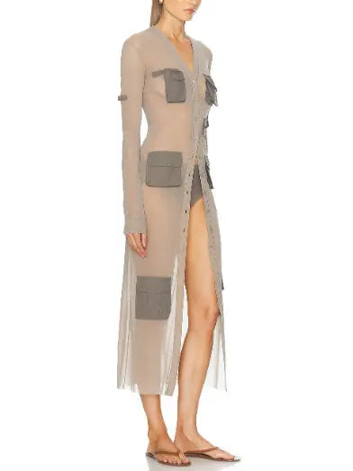 Cargo-Pocket Long Sheer Cardigan Dress in Gray - Branna Couture