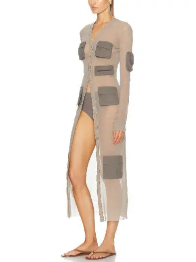 Cargo-Pocket Long Sheer Cardigan Dress in Gray - Branna Couture