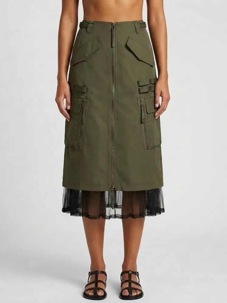 Cargo Zip Midi Skirt with Sheer Tulle Hem - Small / Army/Military Green - Skirts