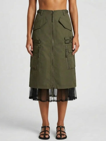 Cargo Zip Midi Skirt with Sheer Tulle Hem - Small / Army/Military Green - Skirts