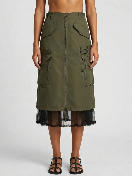 Cargo Zip Midi Skirt with Sheer Tulle Hem - Small / Army/Military Green - Skirts